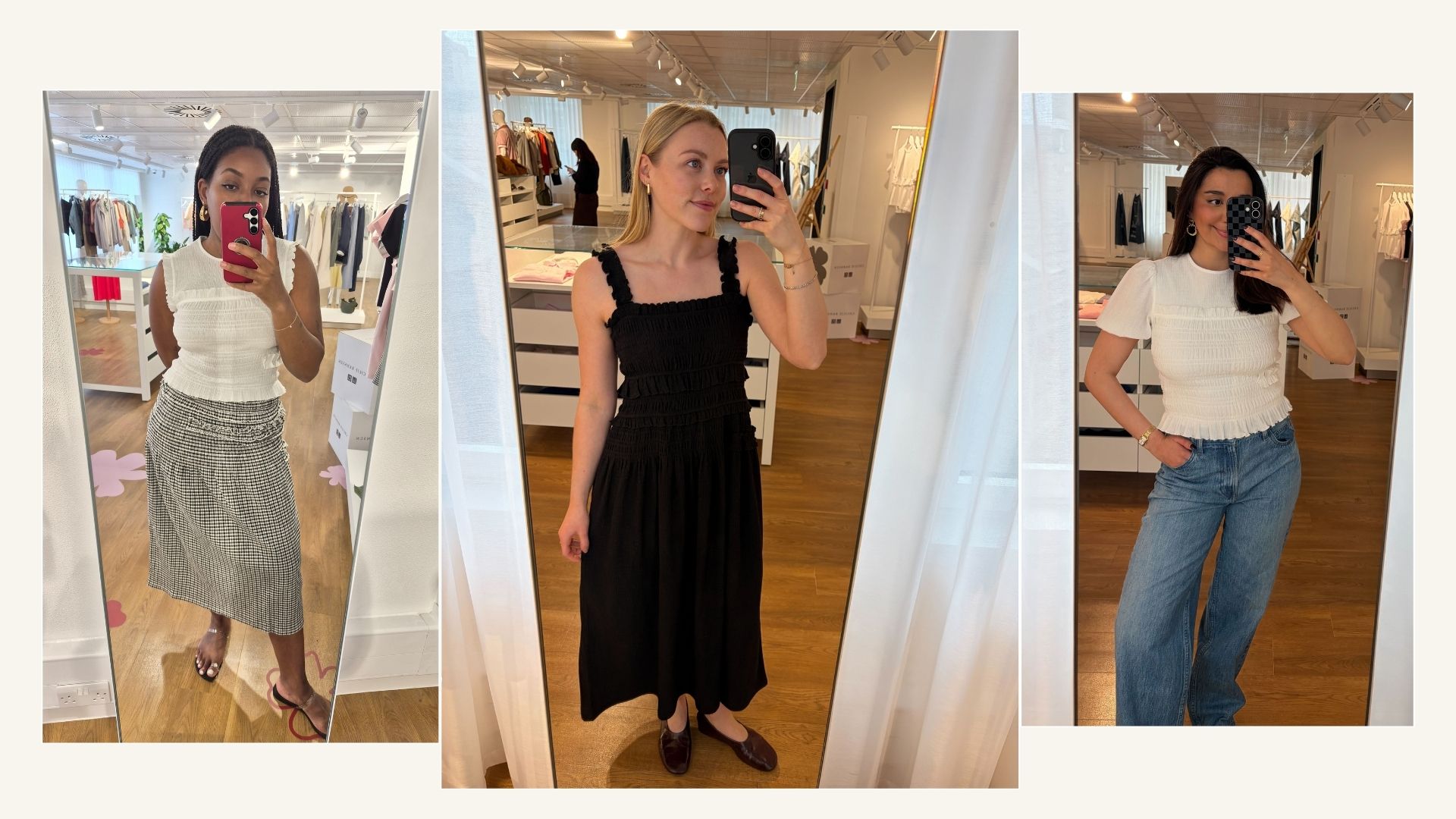 Three Who What Wear editors wearing Uniqlo x Cecilie Bahnsen collection