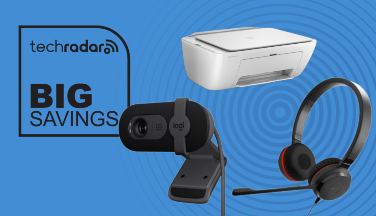 Webcam, headset, and printer on a blue background next to a TechRadar badge reading &#039;Big Savings&#039;