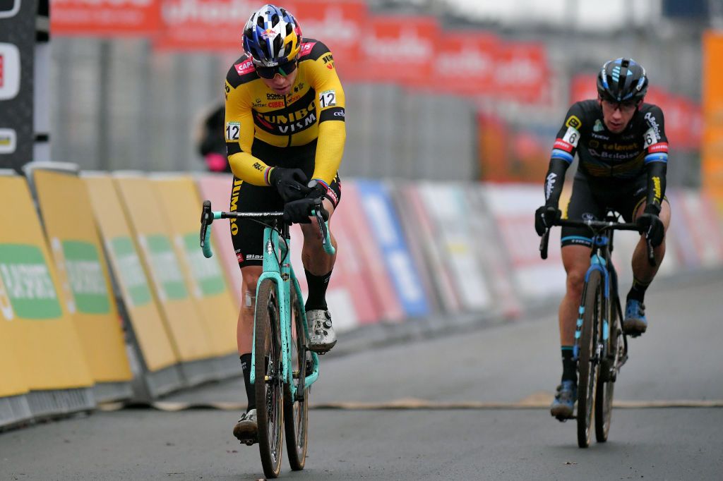 ZOLDER BELGIUM DECEMBER 26 Arrival Wout Van Aert of Belgium and Team Jumbo Visma Lars Van Der Haar of The Netherlands and Team Telenet Baloise Lions during the 16th HeusdenZolder World Cup 2020 Men Elite CX SPHeusdenZolder SuperprestigeCX Cyclocross on December 26 2020 in Zolder Belgium Photo by Luc ClaessenGetty Images