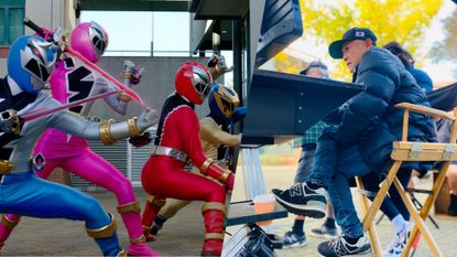 Left: scene from Netflix's Power Rangers: Dino Fury series, Right: Picture of Akihiro Yuji Noguchi, stunt choreographer