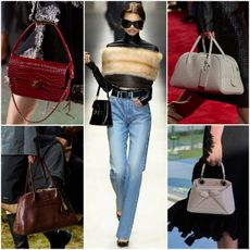 collage of top-handle bags on the fall 2026 runways 
