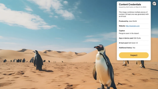 Penguins digitally placed in a vast desert landscape under a blue sky with clouds