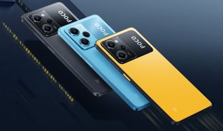 Poco X5 Pro in yellow, blue, and black
