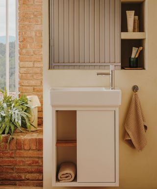 A small bathroom with a floating vanity and wall-mounted accessories