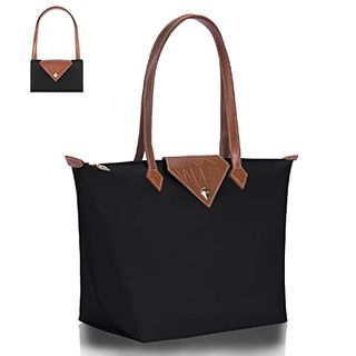 Bojly Tote Bags for Women Stylish Waterproof Nylon Ladies Shoulder Bag Top Handle Handbag Folding Beach Travel Bag for Work,shopping, School Black Large