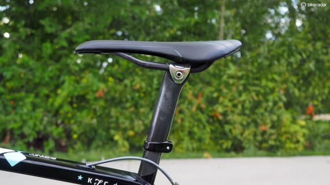 The saddle is slammed forward on the rails to get Katie Compton's (Trek Factory Racing) preferred setback