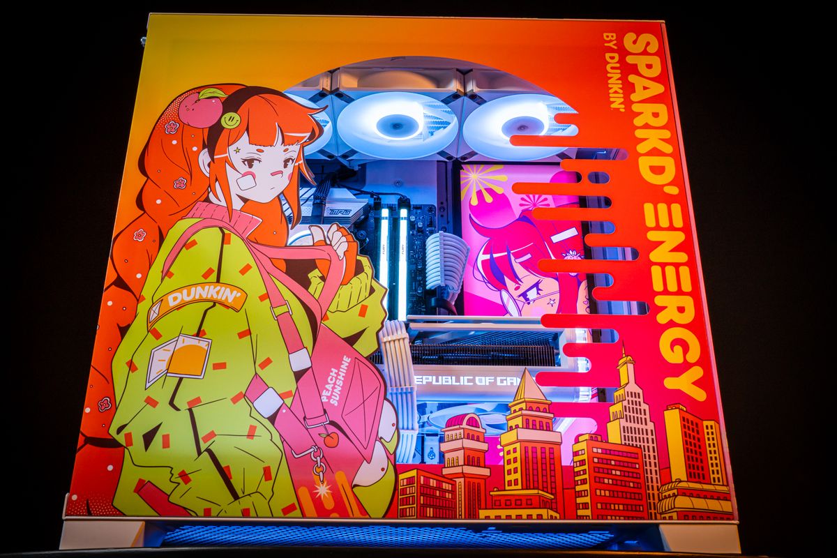 Dunkin's themed PC covered in anime girls.