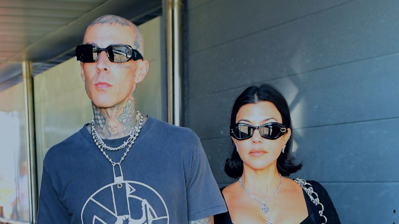 Kourtney Kardashian and Travis Barker are seen on August 29, 2021 in Venice, Italy