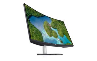 Dell 4K S3221QS Curved Monitor visas upp mot en vit bakgrund.