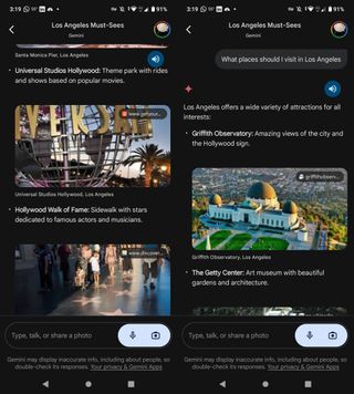 Gemini search results of L.A destination with images