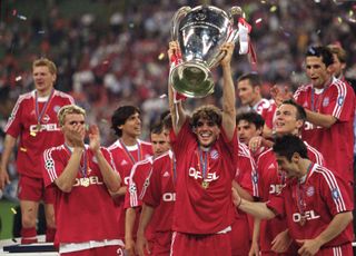 Owen Hargreaves lifts the Champions League trophy after Bayern Munich's win on penalties against Valencia in the final in May 2001.