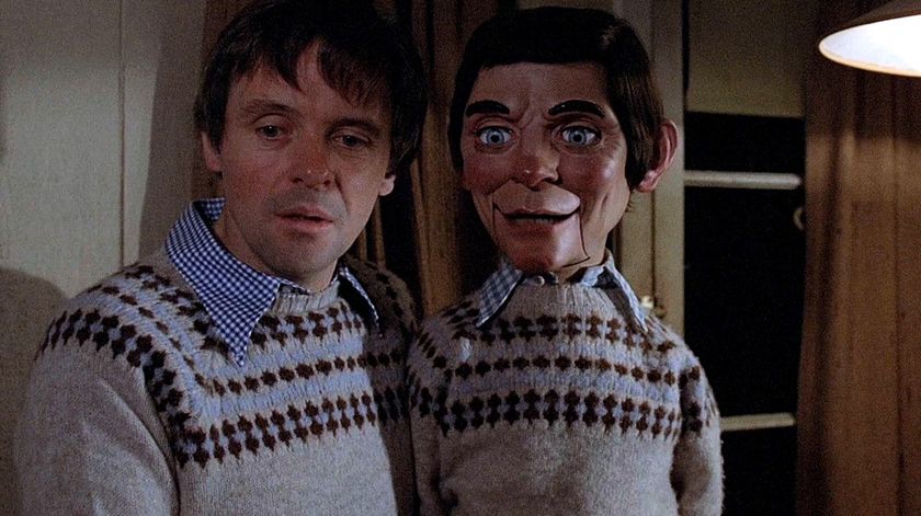Anthony Hopkins as Corky holding Fats the dummy in Magic and both wearing matching jumpers
