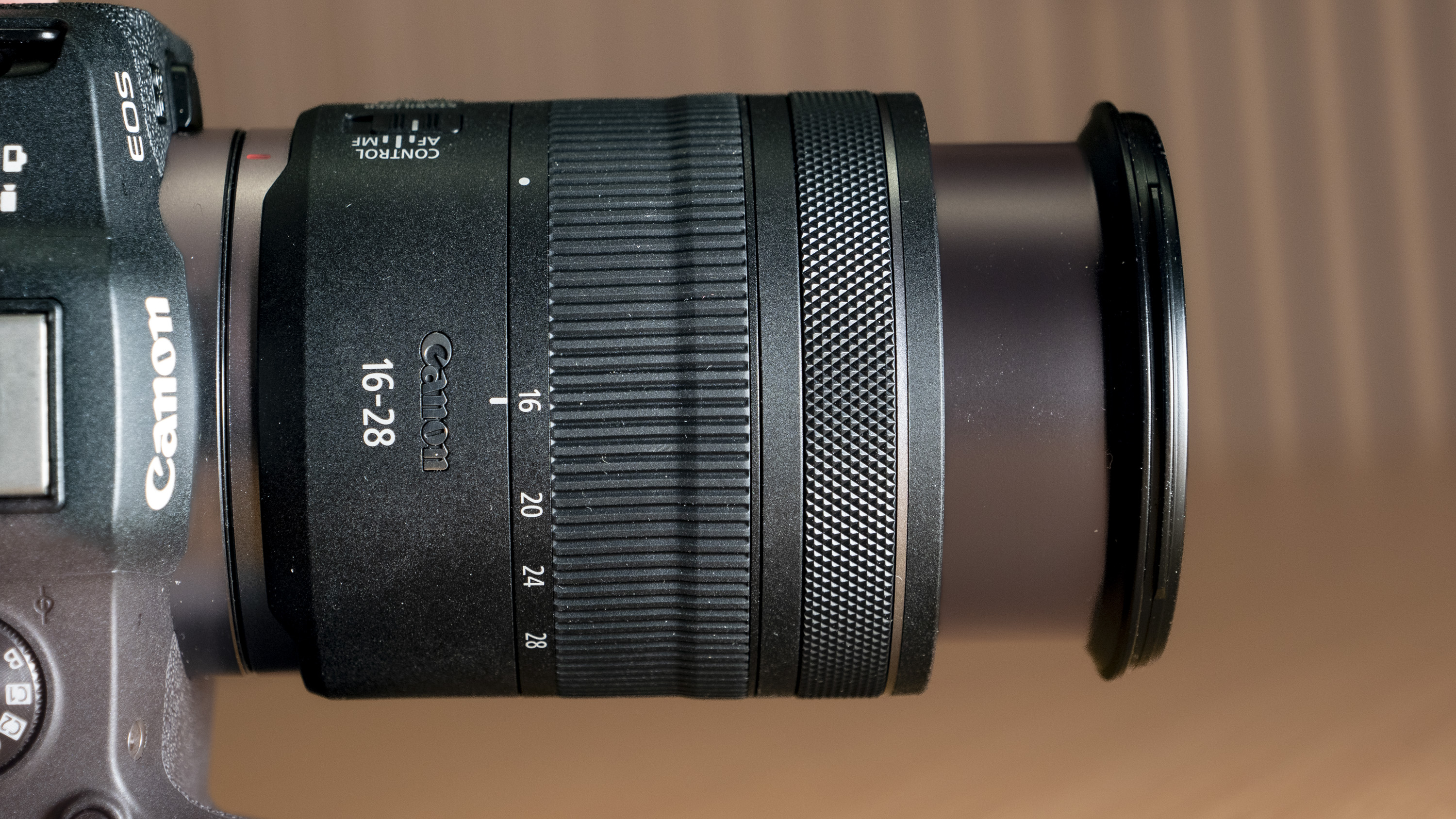 Canon RF 16-28mm F2.8 IS STM lens extended, set to its 16mm setting