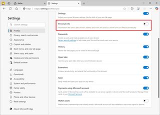 Microsoft Edge disable Personal info