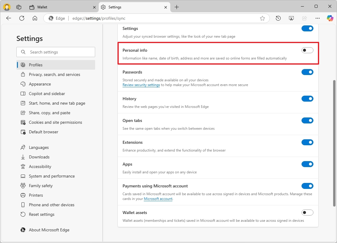 Microsoft Edge disable Personal info