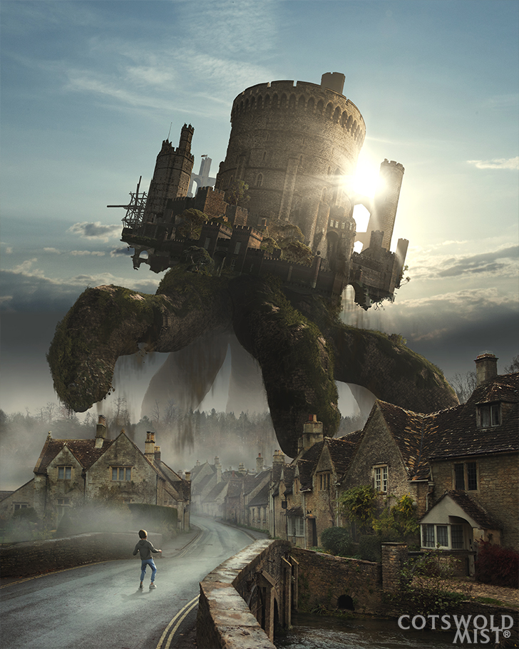 Cotswold Mist; an English castle sits on large legs walking over a countryside village