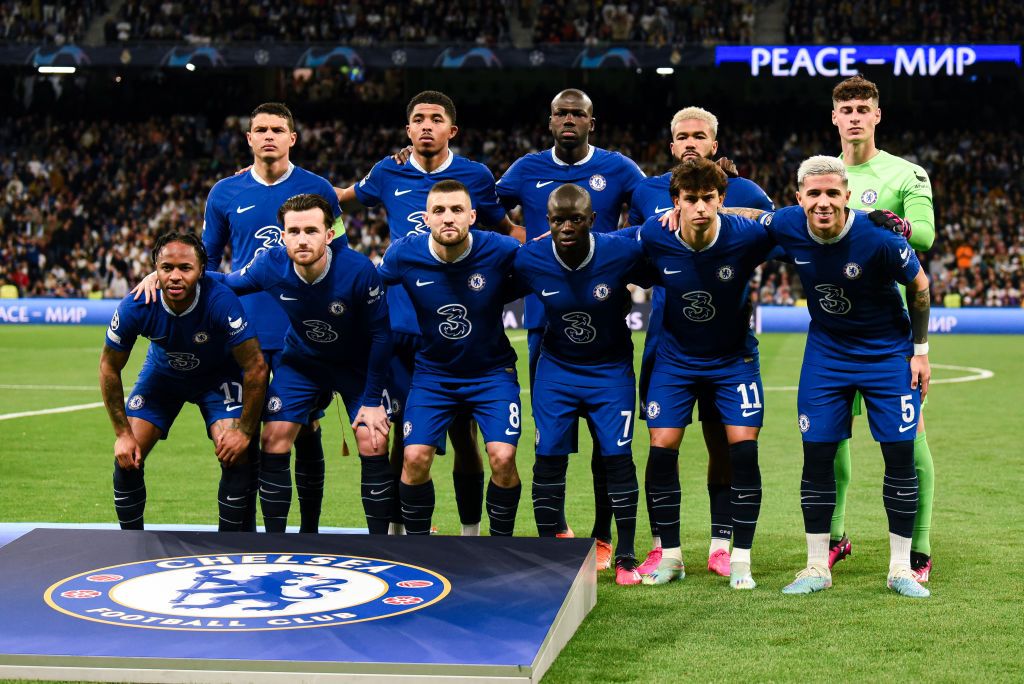 Thiago Silva, Wesley Fofana, Kalidou Koulibaly, Reece James, Kepa Arrizabalaga, Raheem Sterling, Ben Chilwell, Mateo Kovacic, Ngolo Kante, Joao Felix and Enzo Fernandez during the UEFA Champions League quarterfinal first leg match between Real Madrid and Chelsea FC at Estadio Santiago Bernabeu on April 12, 2023 in Madrid, Spain. (Photo by Ruben de la Fuente Perez/NurPhoto via Getty Images)