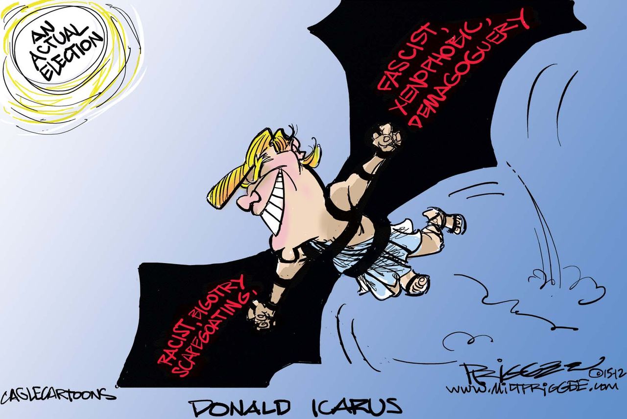 Political cartoon U.S. Donald Trump 2016 Icarus