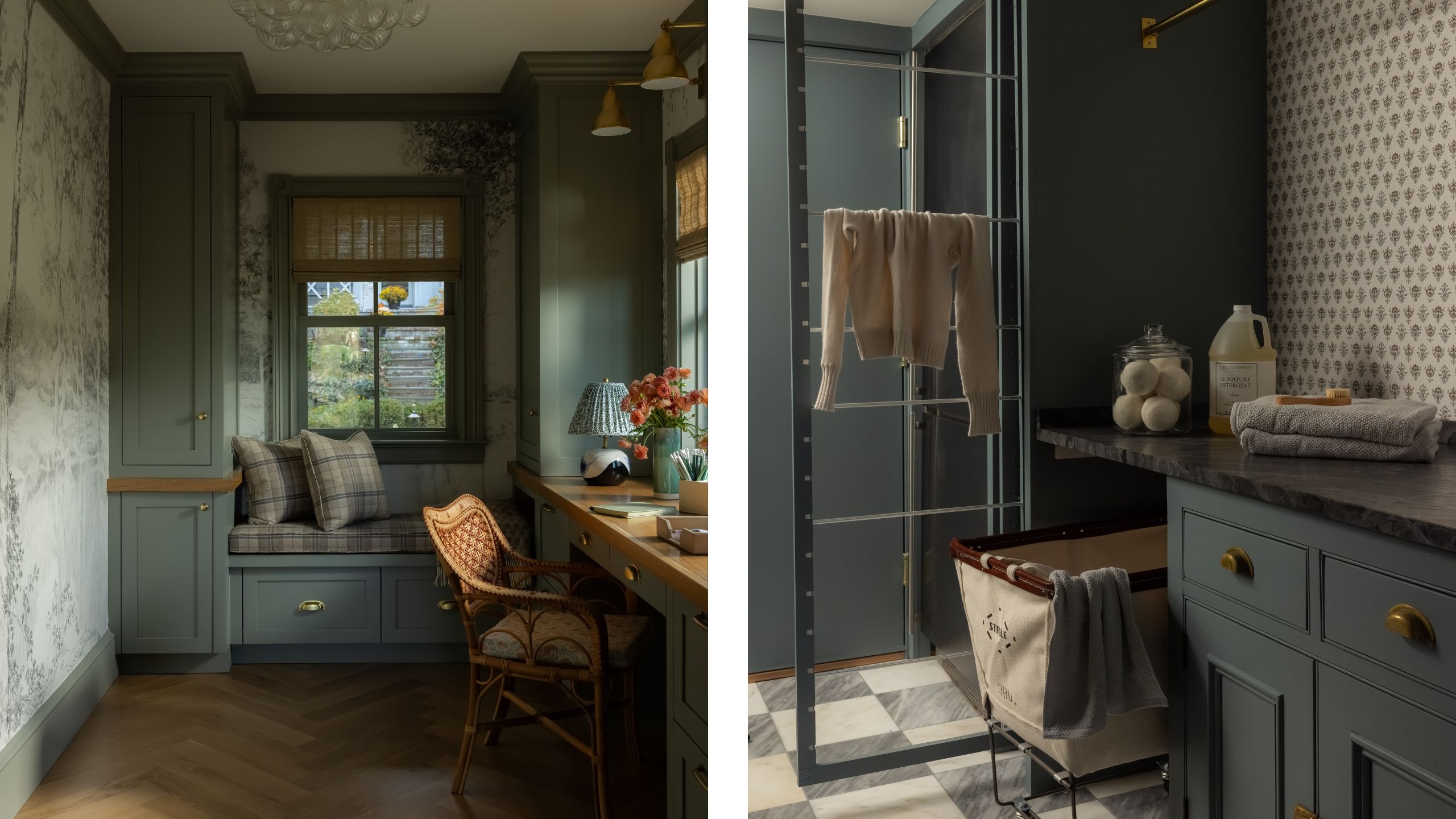 two side by side images - on the left, a green home office with custom storage and window seat next to an image of a blue green laundry room with ditsy wallpapers