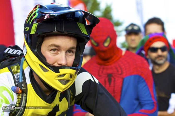 Spiderman in the paddock area just behind Jerome Clementz.