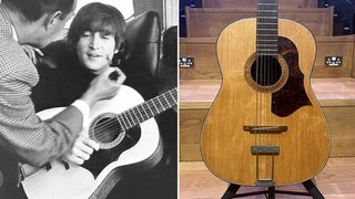 John Lennon playing his 12-string Framus, and a picture of the guitar