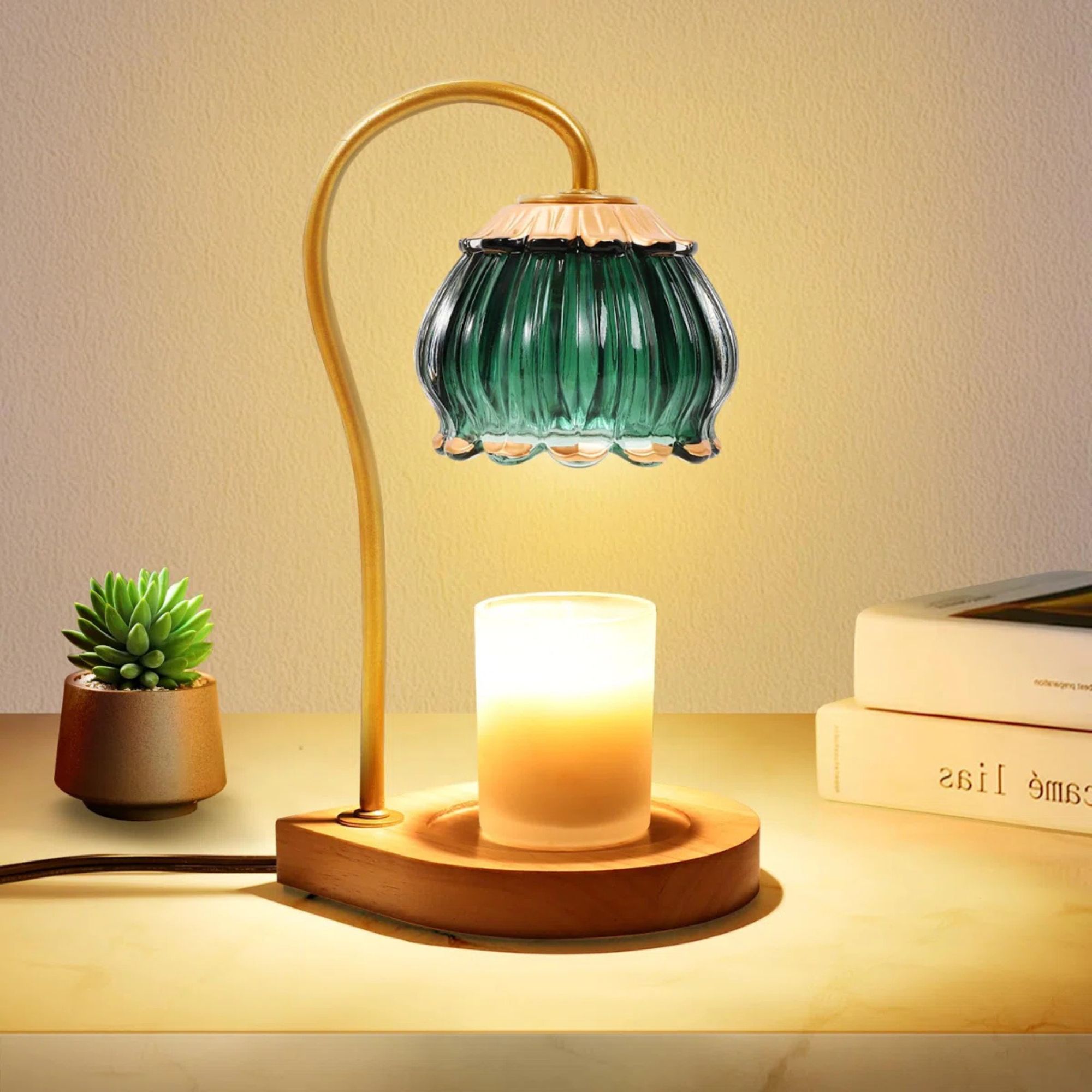 Wooden candle warmer with gold stem and green glass shade
