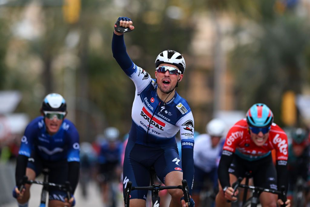 PALMA DE MALLORCA SPAIN JANUARY 29 Ethan Vernon of The United Kingdom and Team SoudalQuick Step celebrates at finish line as race winner ahead of Biniam Girmay of Eritrea and Team IntermarcheCircus during the 32nd Challenge Ciclista Mallorca 2023 Trofeo Playa de Palma a 1416km one day race from Palma to Palma ChallengeMallorca on January 29 2023 in Palma de Mallorca Spain Photo by Dario BelingheriGetty Images