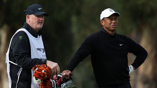 Joe LaCava and Tiger Woods at the 2023 Genesis Invitational
