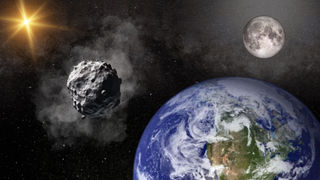 An illustration showing Earth's second moon, the mini moon asteroid 2024 PT5. 