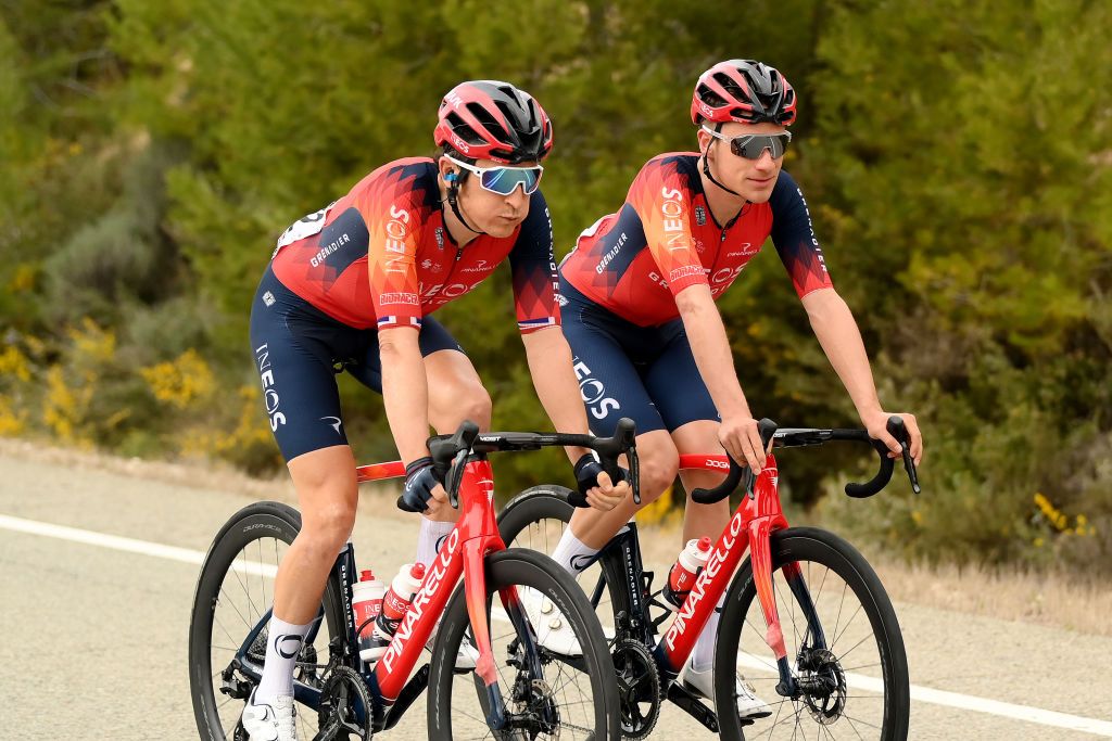 LO PORT SPAIN MARCH 24 LR Geraint Thomas of United Kingdom and Ben Tulett of United Kingdom and Team INEOS Grenadiers compete during the 102nd Volta Ciclista a Catalunya 2023 Stage 5 a 1766km stage from Tortosa to Lo Port Mirador del Portell 1033m UCIWT on March 24 2023 in Lo Port Spain Photo by David RamosGetty Images