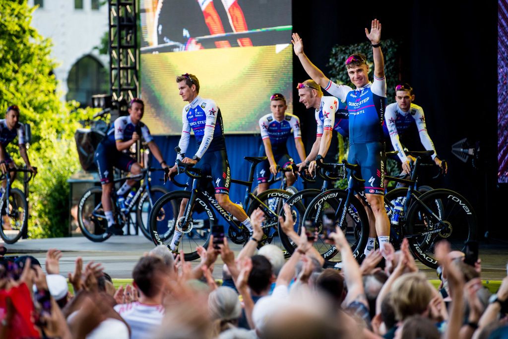 Dutch Fabio Jakobsen of QuickStep Alpha Vinyl pictured in action during the team presentation ahead of the 109th edition of the Tour de France cycling race in Copenhagen Denmark Wednesday 29 June 2022 This years Tour de France takes place from 01 to 24 July 2022 and starts with three stages in Denmark BELGA PHOTO JASPER JACOBS Photo by JASPER JACOBS BELGA MAG Belga via AFP Photo by JASPER JACOBSBELGA MAGAFP via Getty Images