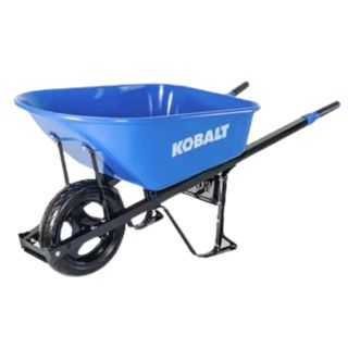 Cobalt blue wheelbarrow with one wheel in front, two standing feet behind and long handles for grip
