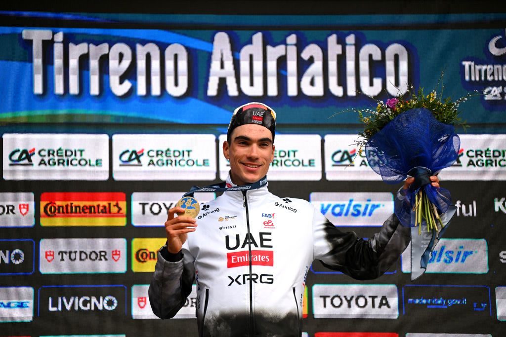 FRONTIGNANO ITALY MARCH 15 Juan Ayuso Pesquera of Spain and UAE Team Emirates XRG celebrates at podium as stage winner during the 60th TirrenoAdriatico 2025 Stage 6 a 163km stage from Cartoceto to Frontignano 1324m UCIWT on March 15 2025 in Frontignano Italy Photo by Tim de WaeleGetty Images