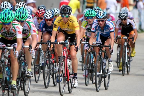 Race leader Alison Powers (Now and Novartis for MS) safe in the pack