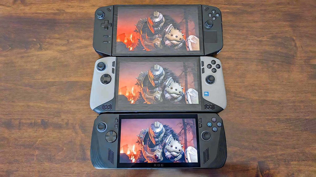 Lenovo Legion Go, MSI Claw 8 AI+, and ROG Ally X all displaying the same DOOM: The Dark Ages image.