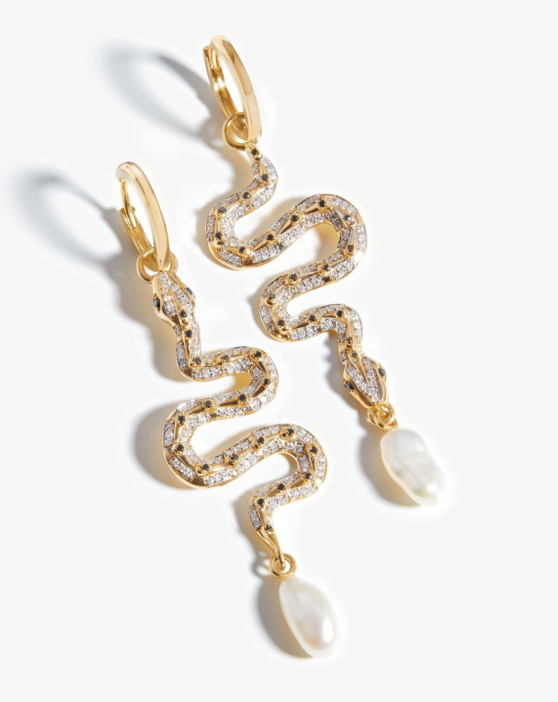 Harris Reed Fine Serpent Drop Earrings | 14ct Solid Gold/pearl & Diamond - 14ct Solid Gold/pearl & Diamond