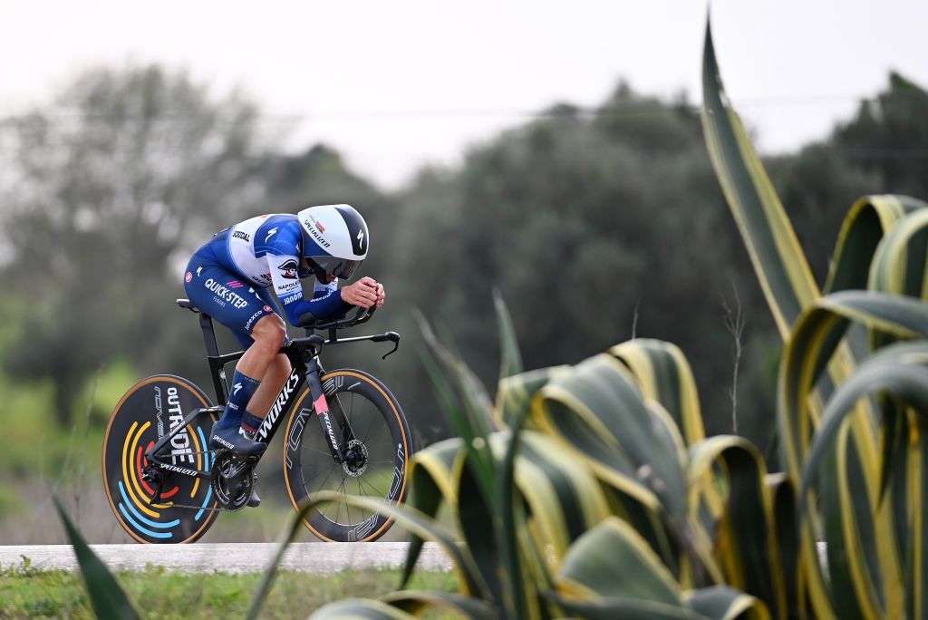 LAGOAPRAIA DO CARVOEIRO ALGARVE PORTUGAL FEBRUARY 19 Ilan Van Wilder of Belgium and Team Soudal QuickStep sprints during the 49th Volta ao Algarve em Bicicleta 2023 Stage 5 a 244km individual time trial stage from Lagoa to Lagoa VAlgarve2023 on February 19 2023 in Lagoa Algarve Portugal Photo by Tim de WaeleGetty Images