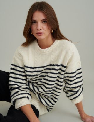 Cream and Black Striped Cable Knitted Jumper