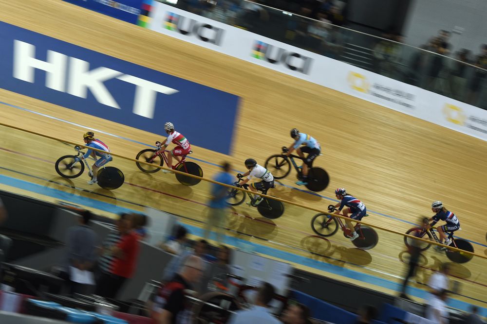 Competitors take part during the women's madison final at the Hong Kong Velodrome during the Track Cycling World Championships