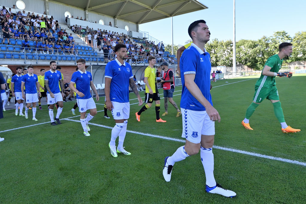 Michael Keane Ben Godfrey and team mates before the Stade Nyonnais v Everton Pre-Season Friendly match on July 14, 2023 in Nyon, Switzerland.