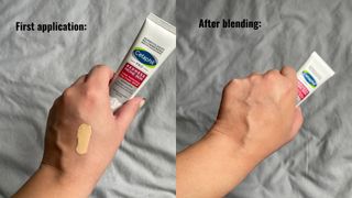 valeza showing the consistency of the Cetaphil PRO Tinted Moisturising Day Cream on first application and after blending on the back of her hand