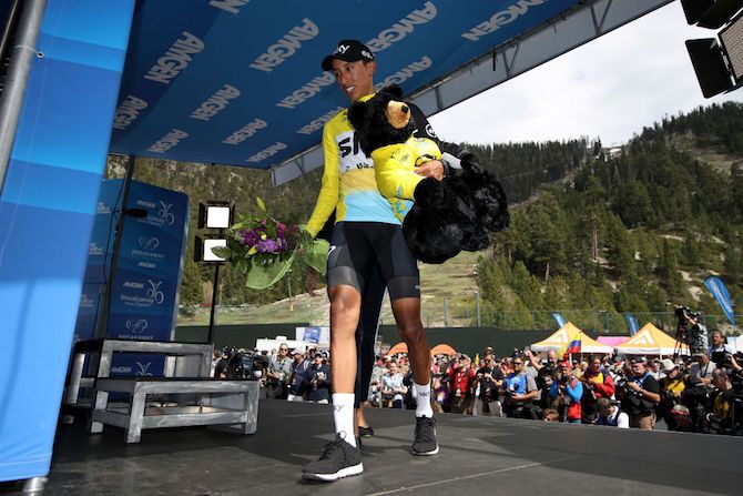 Not a bad backdrop for Team Sky's Egan Bernal on the stage 6 podium in South Lake Tahoe at the 2018 Tour of California