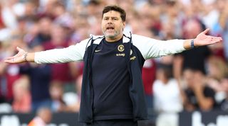 Chelsea manager Mauricio Pochettino reacts during his side's defeat to West Ham at the London Stadium in August 2023.