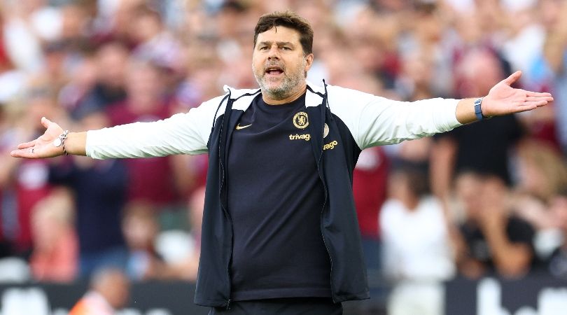 Chelsea manager Mauricio Pochettino reacts during his side&#039;s defeat to West Ham at the London Stadium in August 2023.