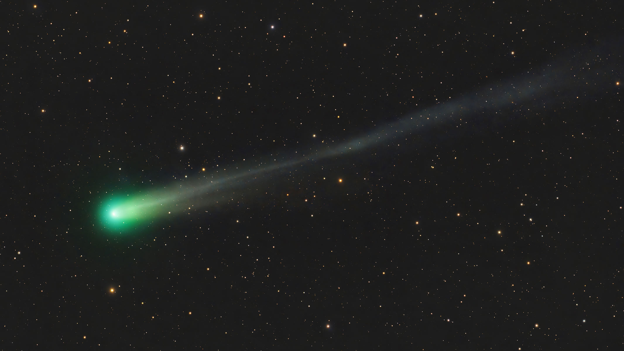Comet C/2025 A6 (Lemmon) in the starry night sky with a green coma and wispy white tail.