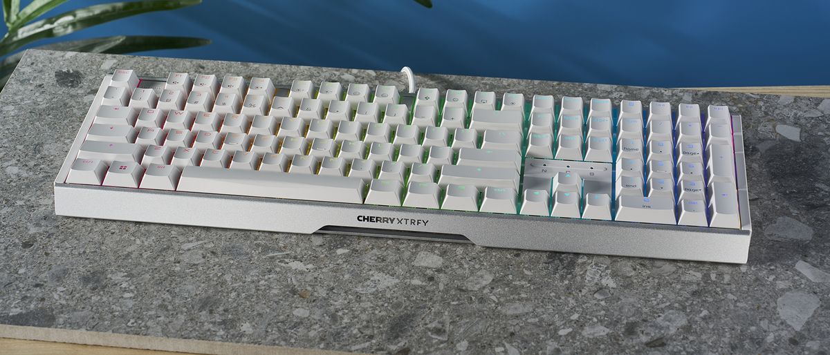 Photograph of the Cherry MX 3.1 gaming keyboard in white