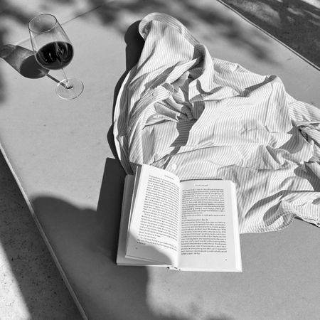 B _ W - Woman reading book with wine in natural sunlight - TVS