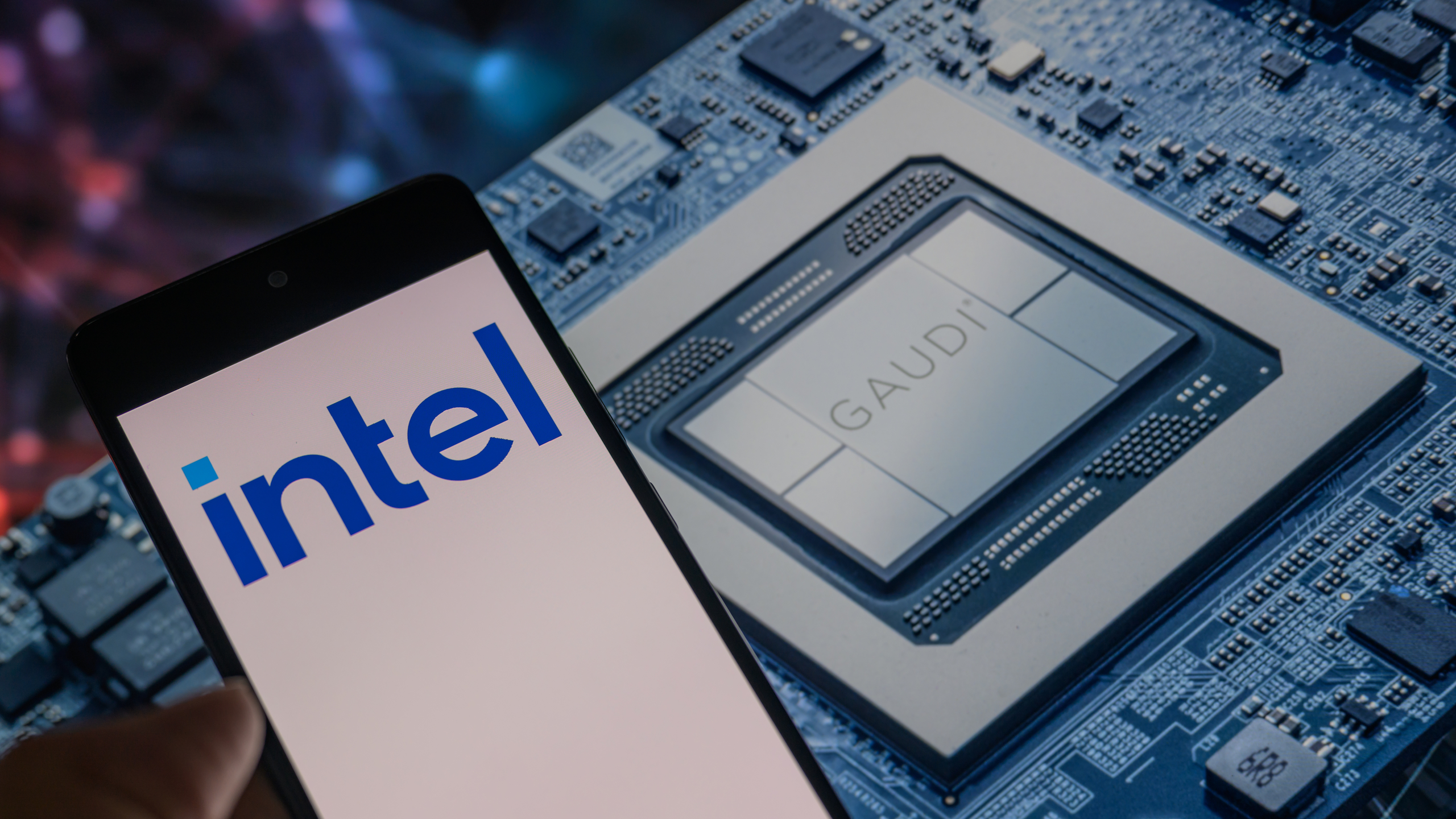 Intel logo and Gaudi chip