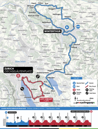 Course map and profile of the Men's Elite road race at the Zurich UCI Road World Championships 2024