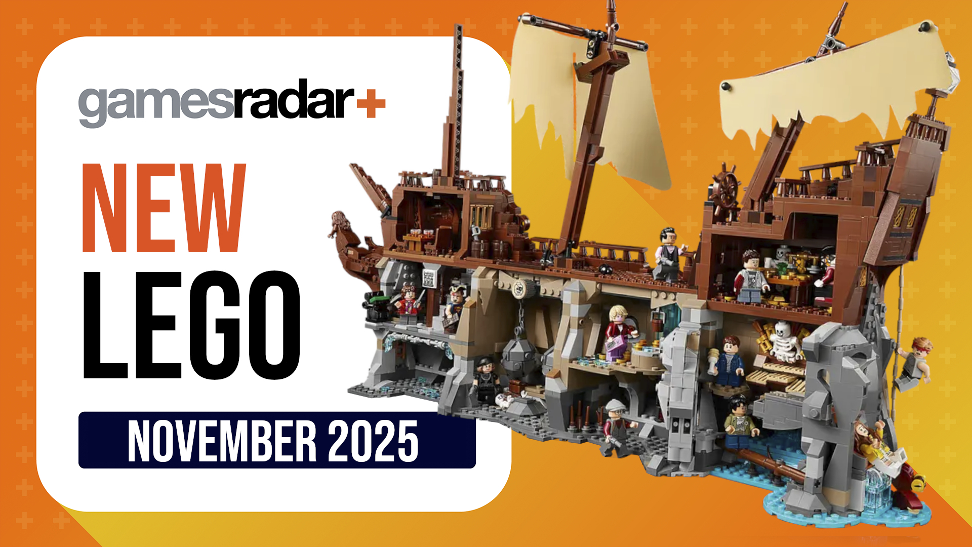 GamesRadar+ logo followed by 'New Lego' and 'November 2025' on a yellow background, alongside the Lego Goonies set